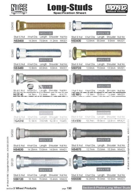 wheel studs by size chart